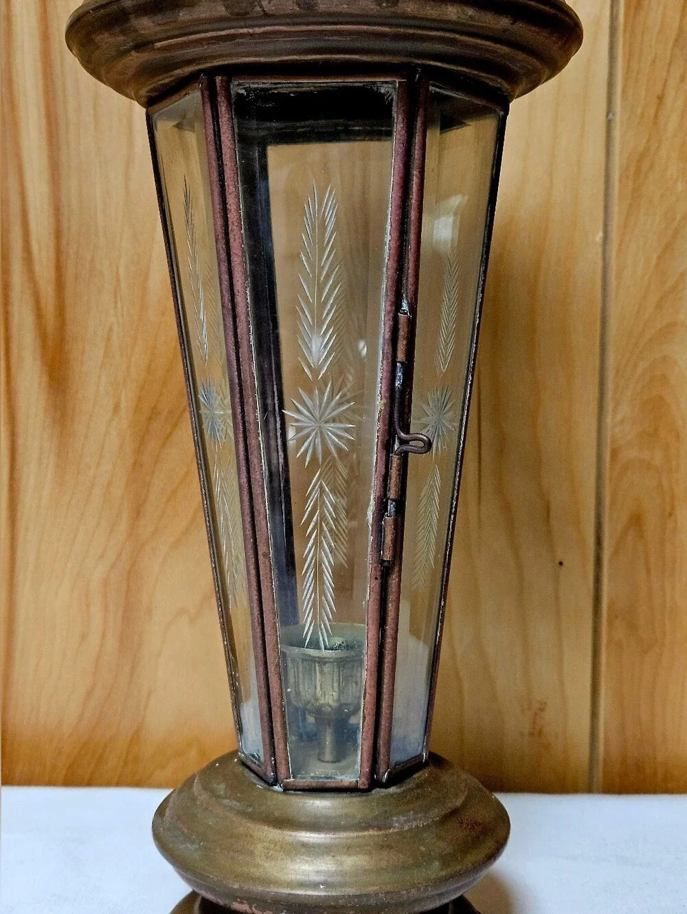 Vtg Turkish Brass Paneled Elegant Etched Glass Candle Lantern Lighting 18.5